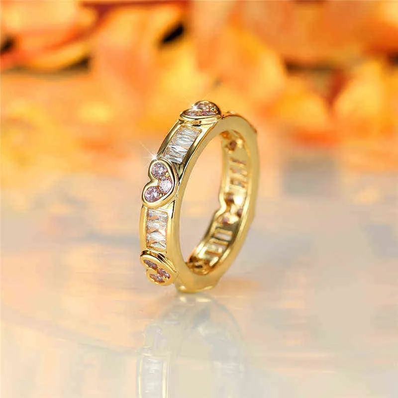 Trendy Female Crystal Heart Thin Ring Classic Gold Color Engagement Ring Charm White Zircon Stone Wedding Rings For Women G1125
