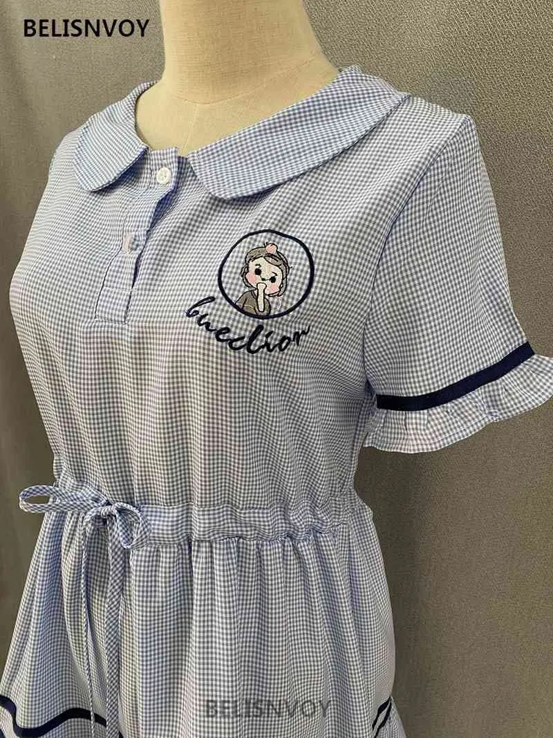 Japanese Mori Girl Summer Women Plaid Dress Peter Pan Collar Kawaii Lace up Embroidery Short Sleeve Ruffles Cute 210520