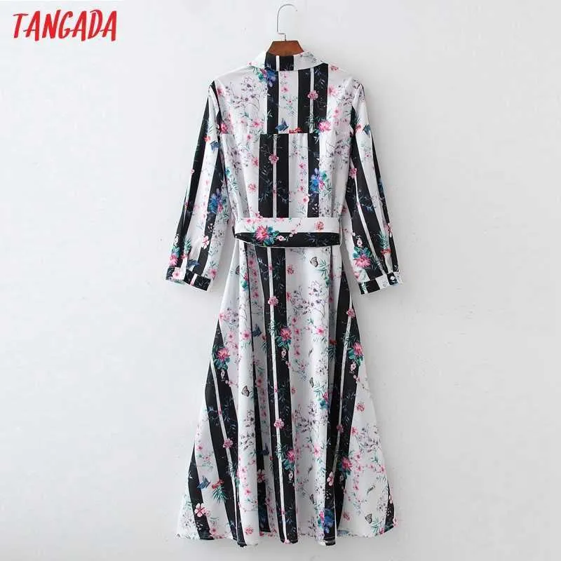 Tangada Mode Femmes Fleurs Imprimer Chemise Robe avec Slash Vintage Manches Longues Bureau Dames Robe Midi 1D268 210609