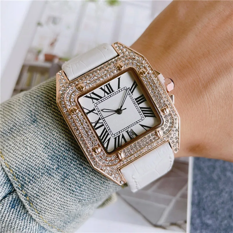 Mode Märke Klockor Män Square Crystal Style Högkvalitativ läderremband Wrist Watch CA56