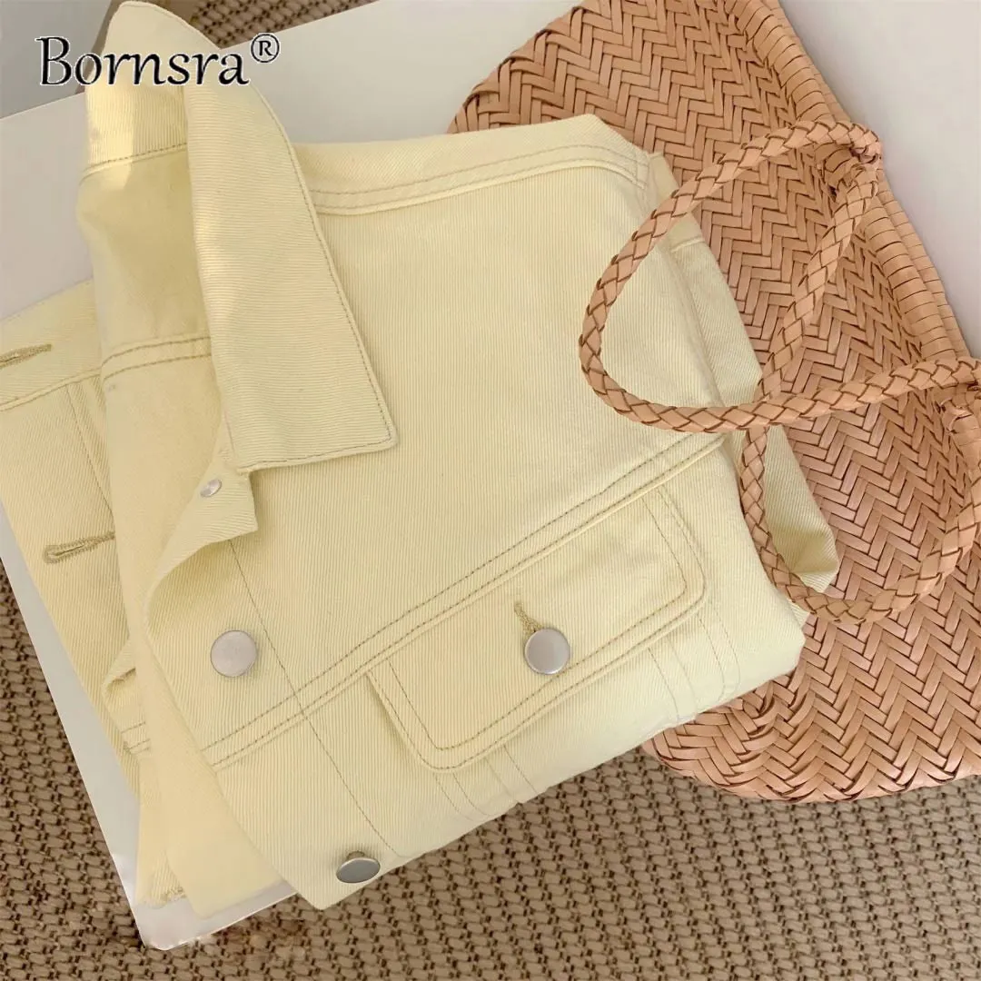 Bornsra Elegante giacca di jeans 100% Donna Primavera Tasche monopetto Capispalla Cappotti gialli Jean donna