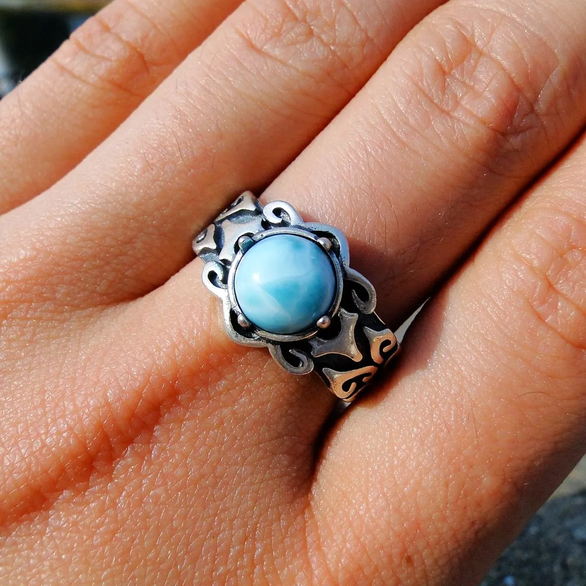 Whole Handmade 925 Sterling Silver Antique Vintage 8mm Larimar Jewelry Rings
