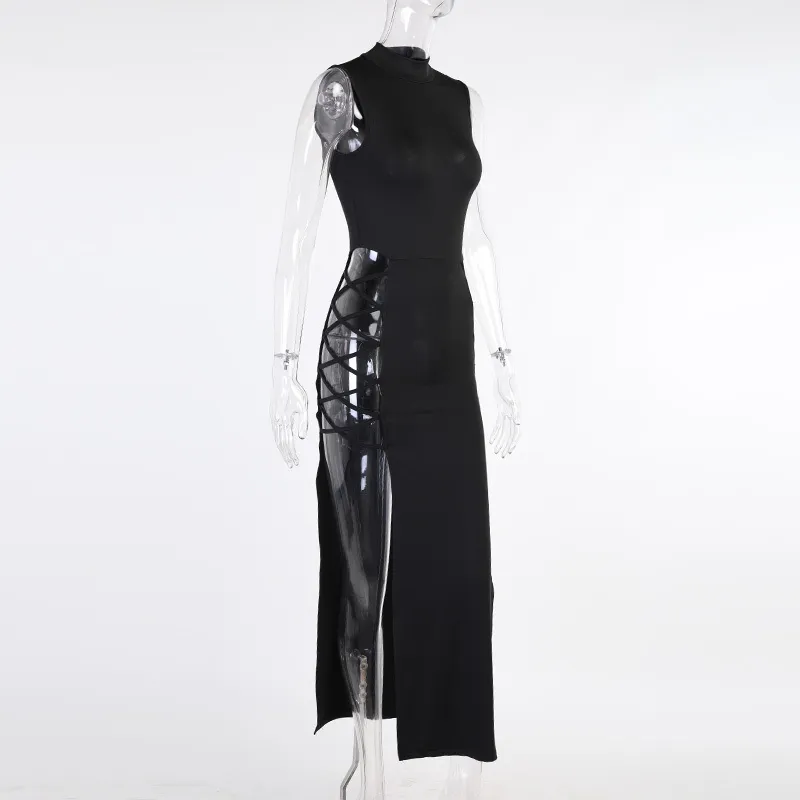 Sexy Cosplay Costume Black Bandage Long Dress Anime Ladies High Split Midi Dresses Women Lace Up Outfits Bodycon Erotic Uniform 210517