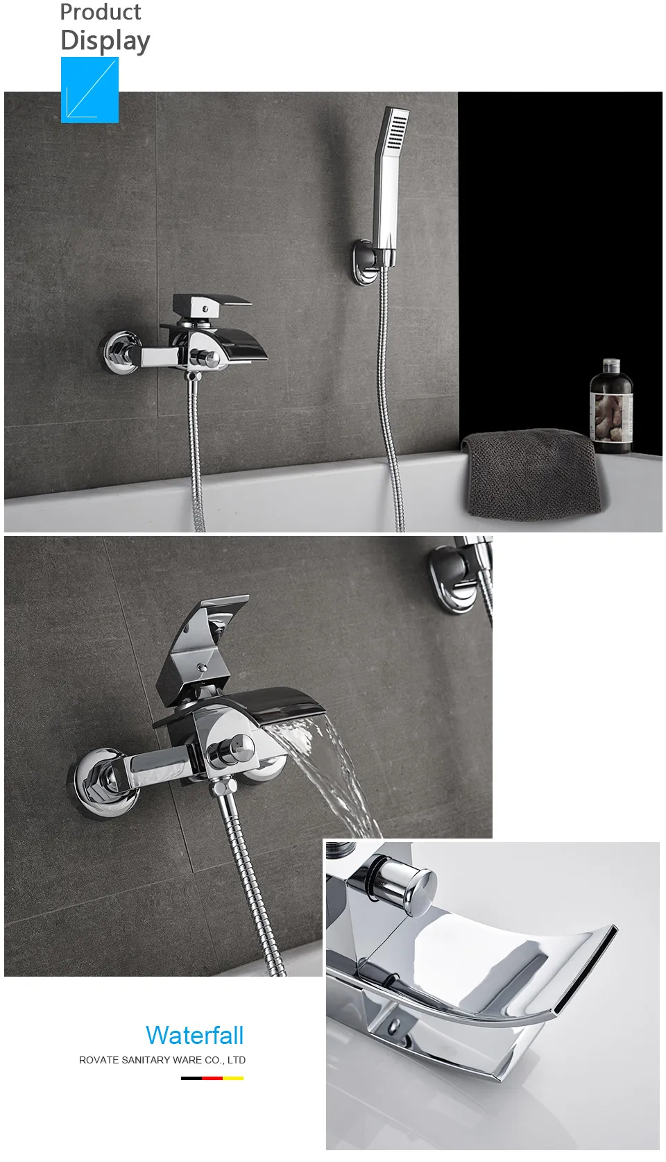 バスタブのシャワーセットの壁に取り付けられた滝風呂の蛇口、バスルームの寒さとホットミキサータップ真鍮クロム