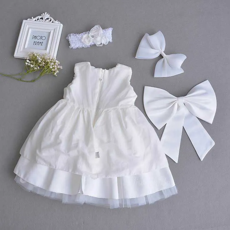 Retail Baby Girl Batening Vestido Lace Branco Primeiro Aniversário Primeiro Aniversário Divertido Vestido Headband Kids Roupas 0-2Y E70106 210610