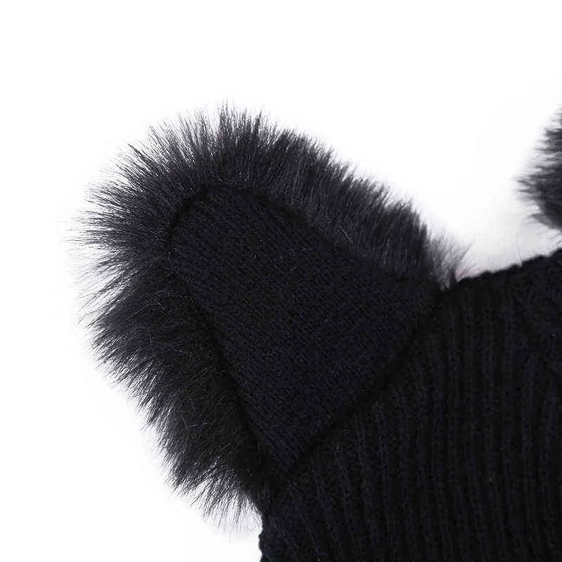 Varm vinter hatt för kvinnor ull stickad katt öron faux mink hattar Skullies päls pompom kepsar kvinnliga mössor bonnet femme y21111