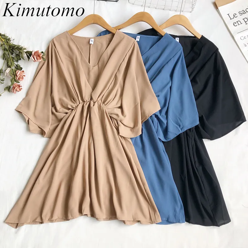 Kimutomo летнее винтажное платье женщины v-образным вырезом летучие рукава тонкие высокие талии сплошной цвет Vestido элегантный повседневный 210521
