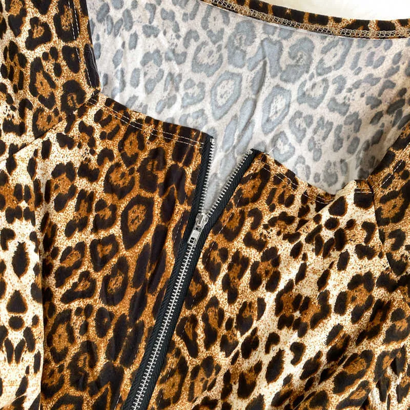 Body imprimé léopard femmes à manches longues col carré fermeture éclair sexy barboteuse dames combinaison club tenues femmes hauts blouse 210603