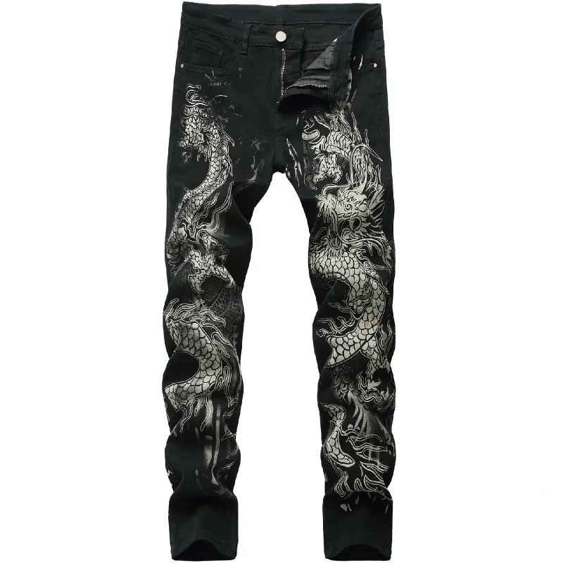 New men's Chinese trendy dragon black skinny jeans stretch comfortable fashion hip-hop men's pants Streetwear print trousers 210331