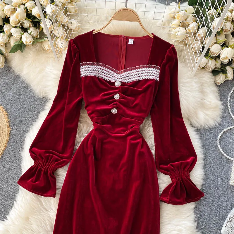 Singreiny Women Vintage Velour Dress Franska Lace Square Collar Långärmad Slim Klänningar Höst Elegant Sexig Split Midi Dress 210419