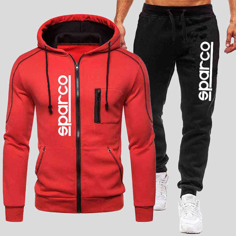 Men's Sparco Tracksuits Winter Zipper Hoodie and Jogging Trouser suits Windproof Motorcycle Clothing Solid Color Running Suits 220107