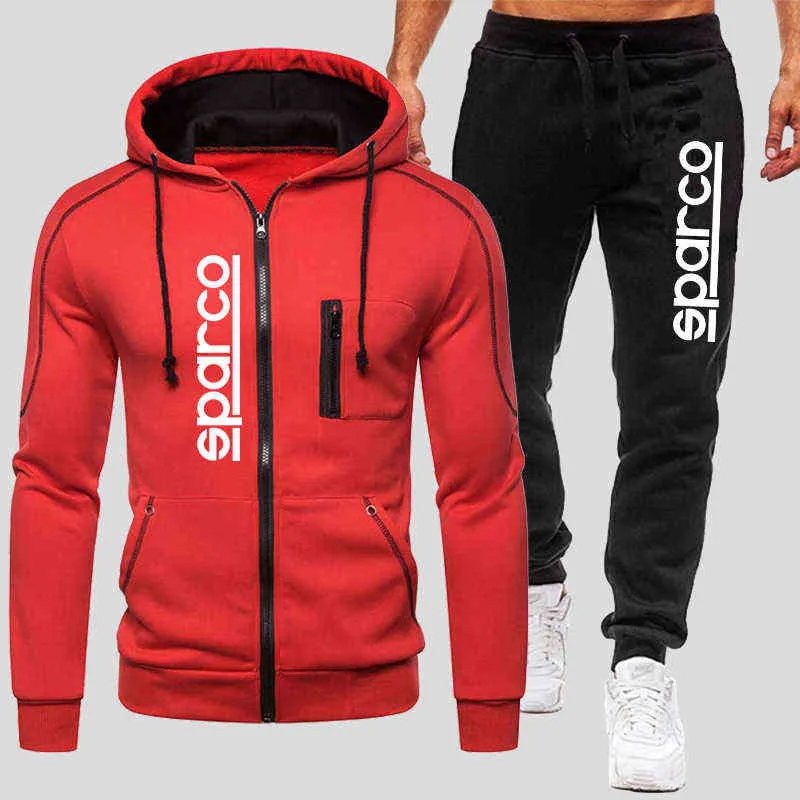 Tute Sparco da uomo Winter Zipper Felpa con cappuccio e pantaloni da jogging Tute antivento Abbigliamento da motociclista Tinta unita Tute da corsa 220107