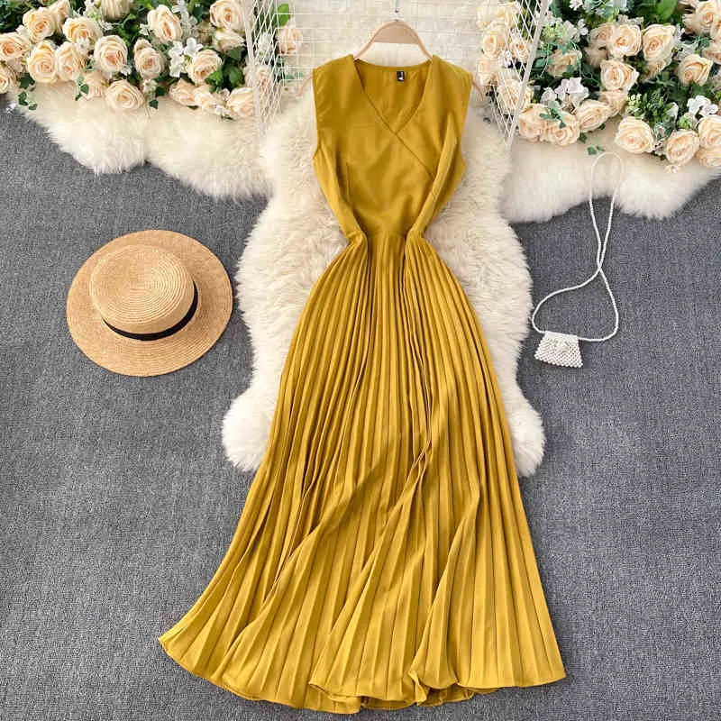 SINGREINY Frauen Französisch Plissee Kleid Sommer Koreanischen Stil Ärmellose V-ausschnitt A-linie Kleider Mode Solide Streetwear Lange Kleid 210419
