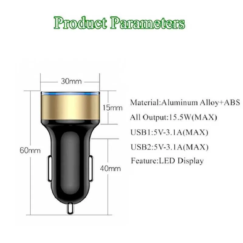 LCD Display Car Charger 3.1A Dual USB Cigarette Lighter Socket 12-24V Mobile Phone Chargers 2 Ports