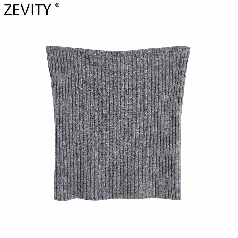 Zevity, nuevas mujeres, Sexy, sin tirantes, Color gris, adelgazante, suéter de punto corto, diseño elegante para mujer, chaleco de calle para mujer, Tops S557 210419