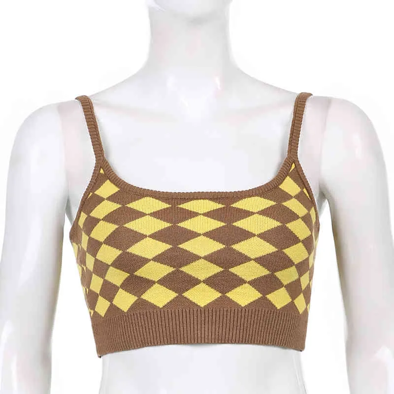 Argyle Print Knit Y2K Camis Strap Crop Top pour filles Vêtements d'été pour femmes Vintage Chemise à carreaux sans manches Débardeur Femme 210415