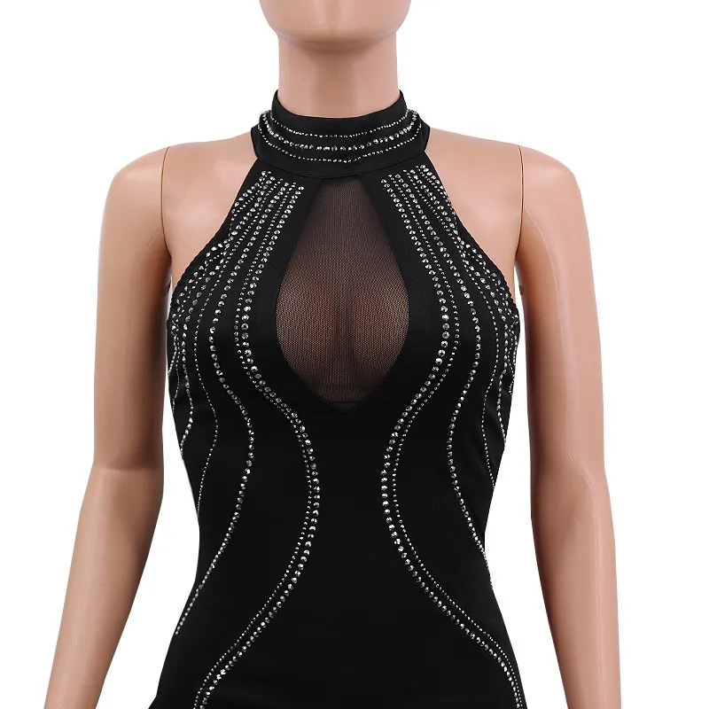 Vestido de verano Midi sin mangas de pasarela de alta calidad para mujer Sexy Club Diamond Stripe Bodycon Sundress drop 210520