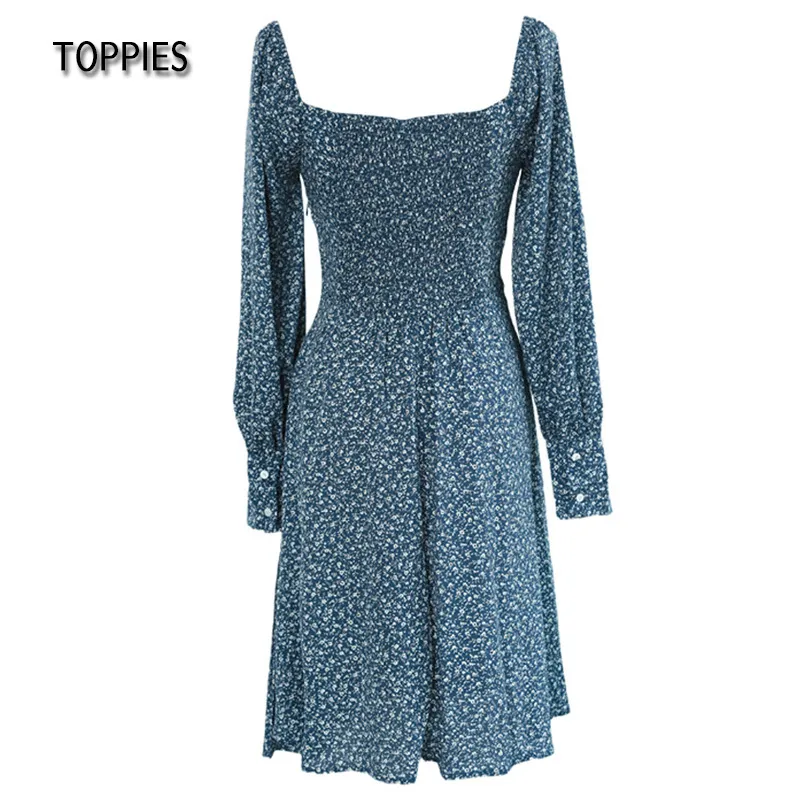 Toppies kvinnor miniklänningar vestidos blommor tryck fransk stil klänning puff långärmad damer sundress 220215