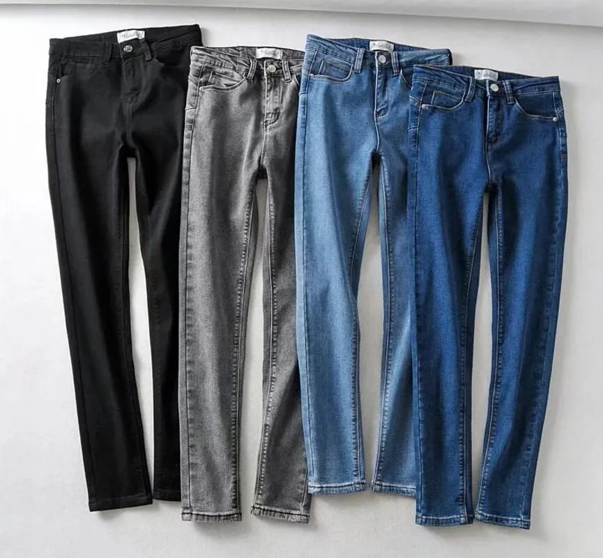 Vår vintage kvinnor hög midja smal passform sträcka denim byxor fickor full längd jeans täta byxor 210429