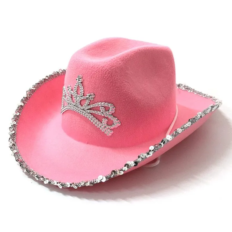 Chapeaux à bords avares Cowgirl rose pour femmes Cow Girl avec diadème cou cordon feutre feutre accessoires de costume de cowboy chapeau de fête robe de jeu 304E
