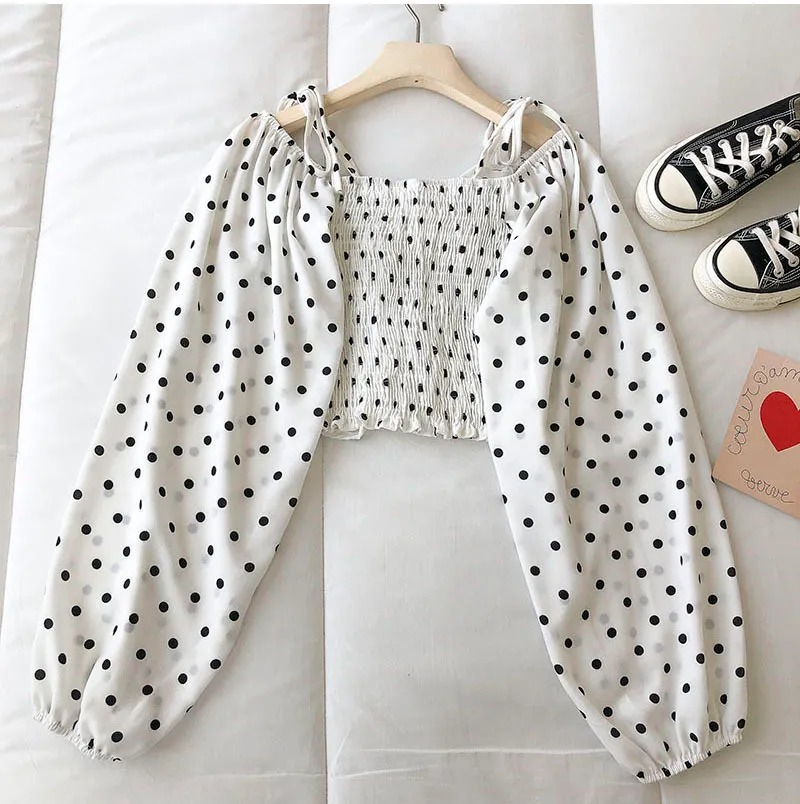 Kimutomo Polka Dot Blouse Femmes Printemps Coréen Col Carré À Manches Longues À Lacets Taille Courte Minceur Top Casual 210521