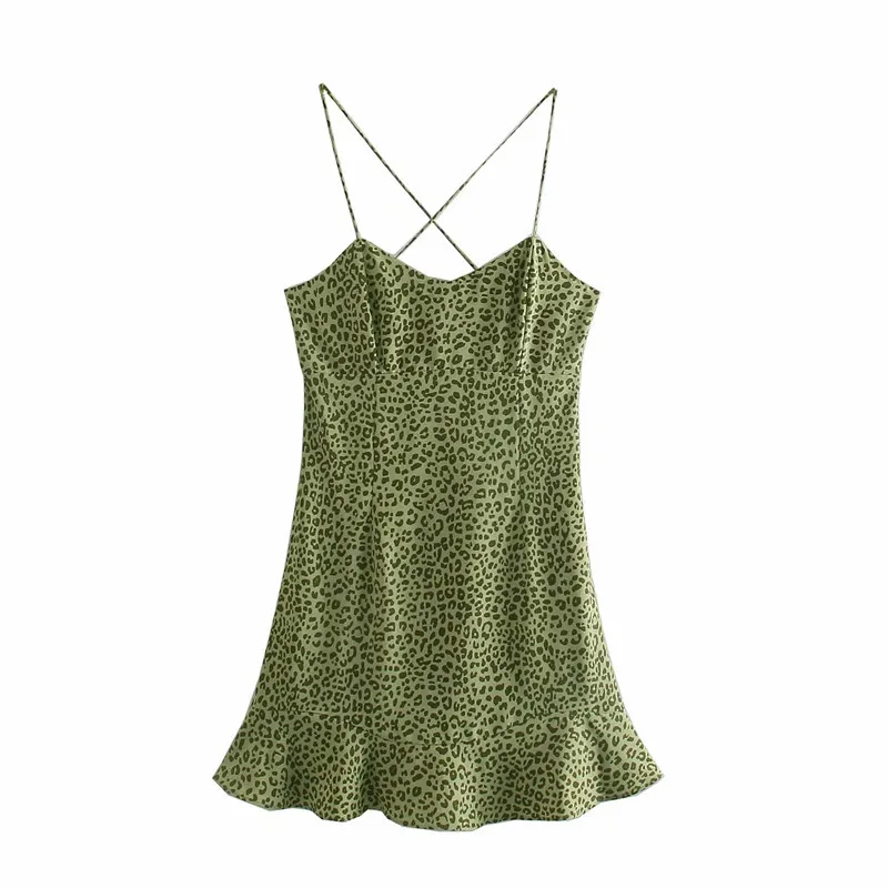 Abito Verde Leopardato Slip Mini Donna Volant Backless Sexy Corto es Donna Vintage Estivo es 210519