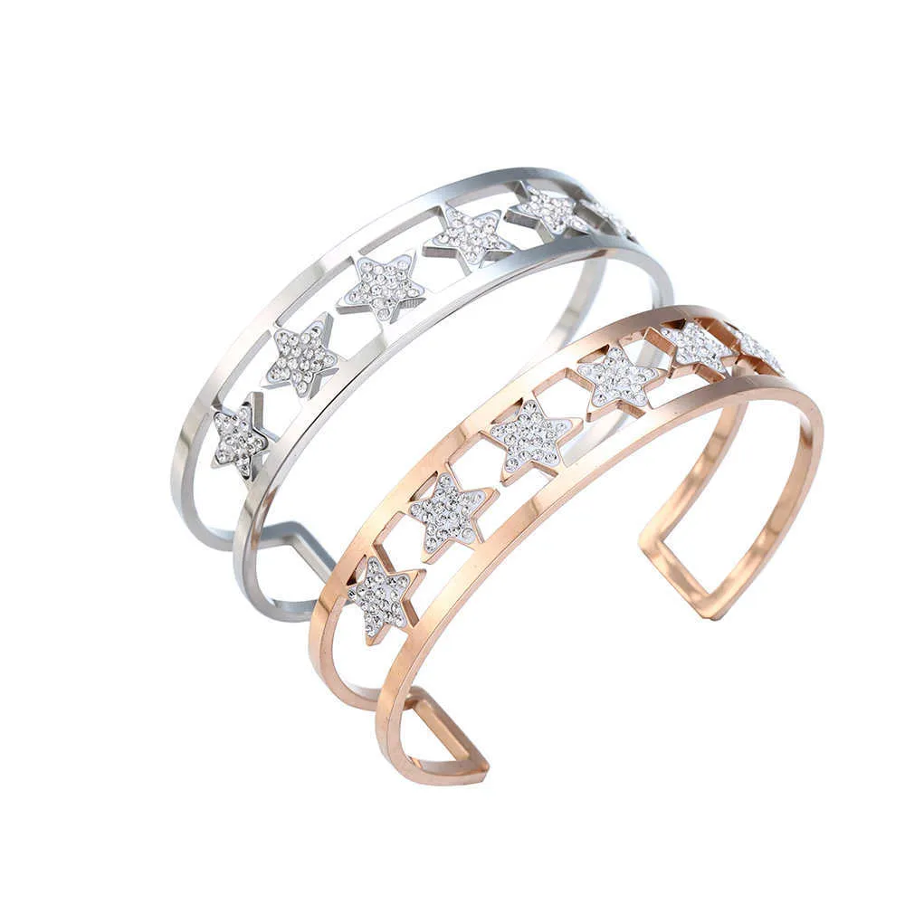 Rose Gold Rvs Pentagra Star Open Manchet Armband Bangle voor Vrouwen Helder Kleurrijke Crystal Bangle 2019 Nieuwe Sieraden Gift Q0719