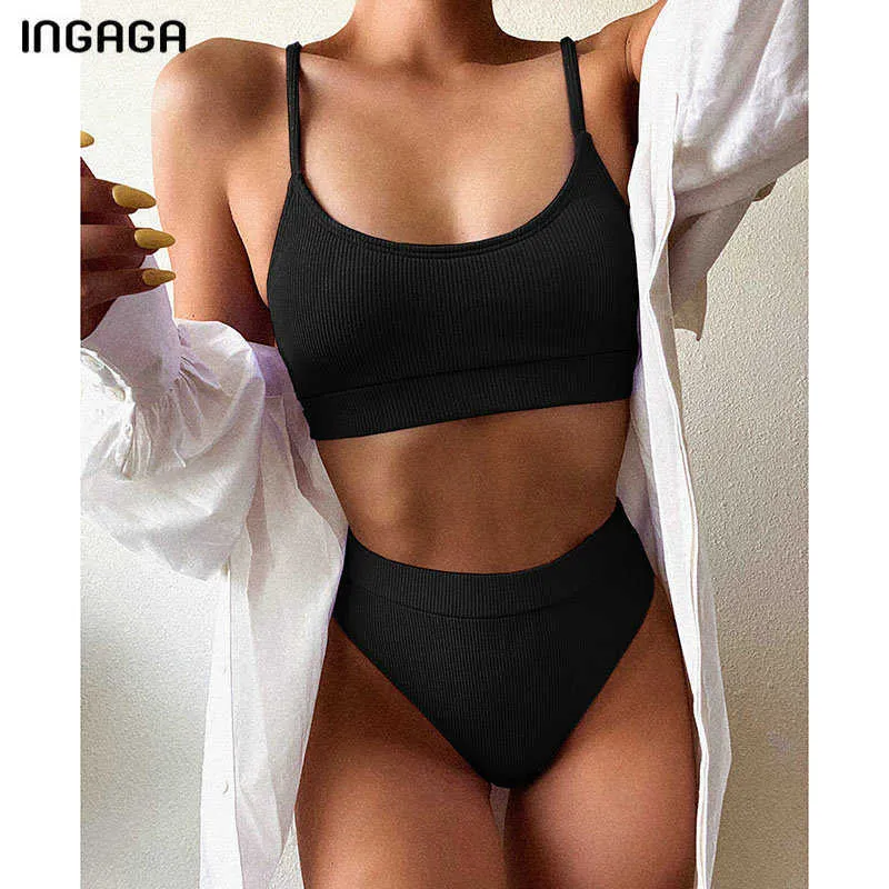 INGAGA taille haute Bikinis maillots de bain femmes Push Up maillots de bain côtelé sangle maillot de bain Biquini brésilien Bikini maillots de bain 210702