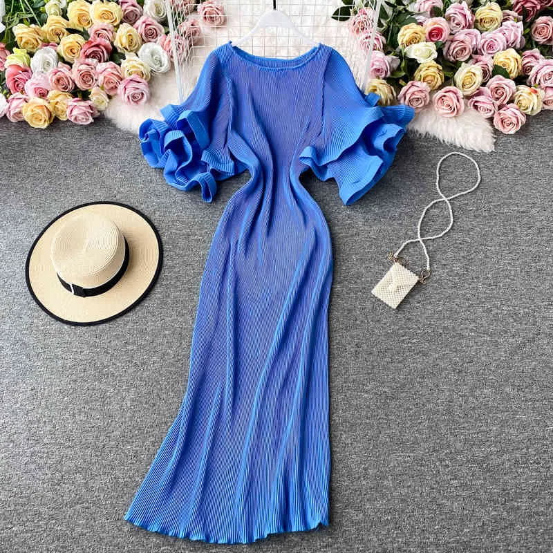 NEPLOE Korean Pleated Women Dress Flare Kortärmad O-Neck Causal Dresses Sommar Mode A-Line Vestidos de Fiesta 4c893 210331