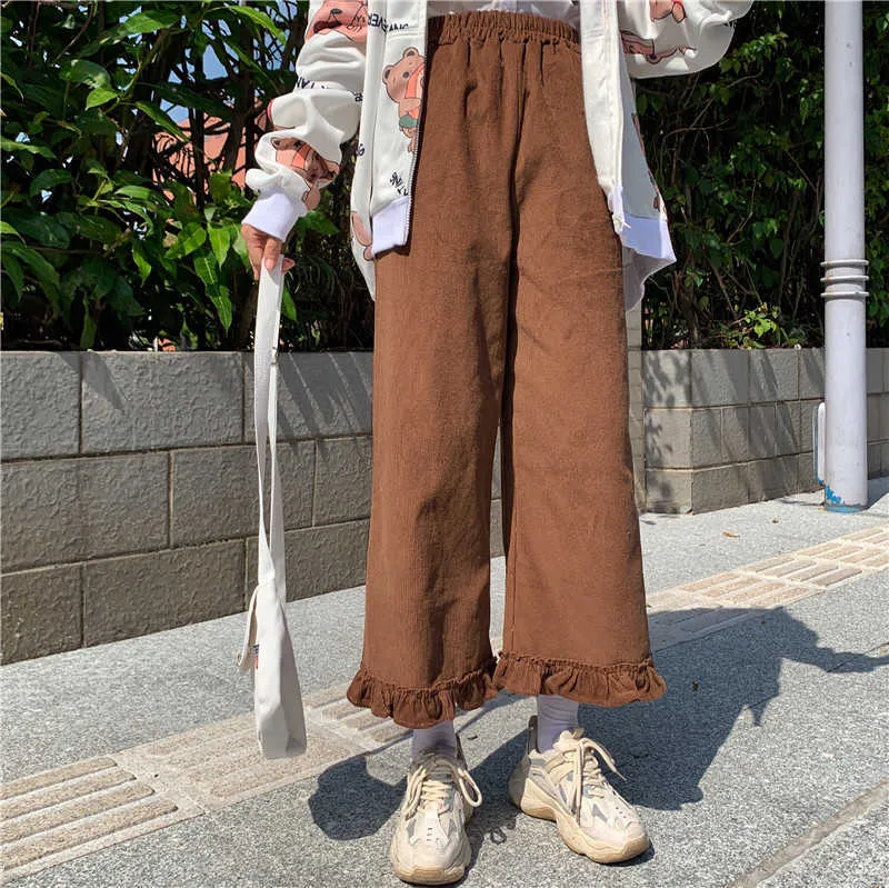 Japanese Kawaii Preppy Style Ruffles Girl'S 2020 Autumn Loose Fall Women Solid Lolita Style Capris High Waist Leg Trousers Pants Q0801