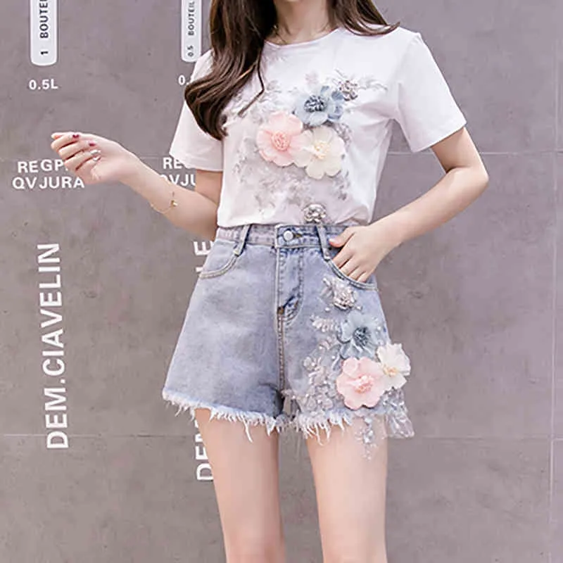 여름 여성 2 피스 세트 자수 3D 꽃 티셔츠 데님 반바지 세트 빈티지 구슬 반바지 세트 210331