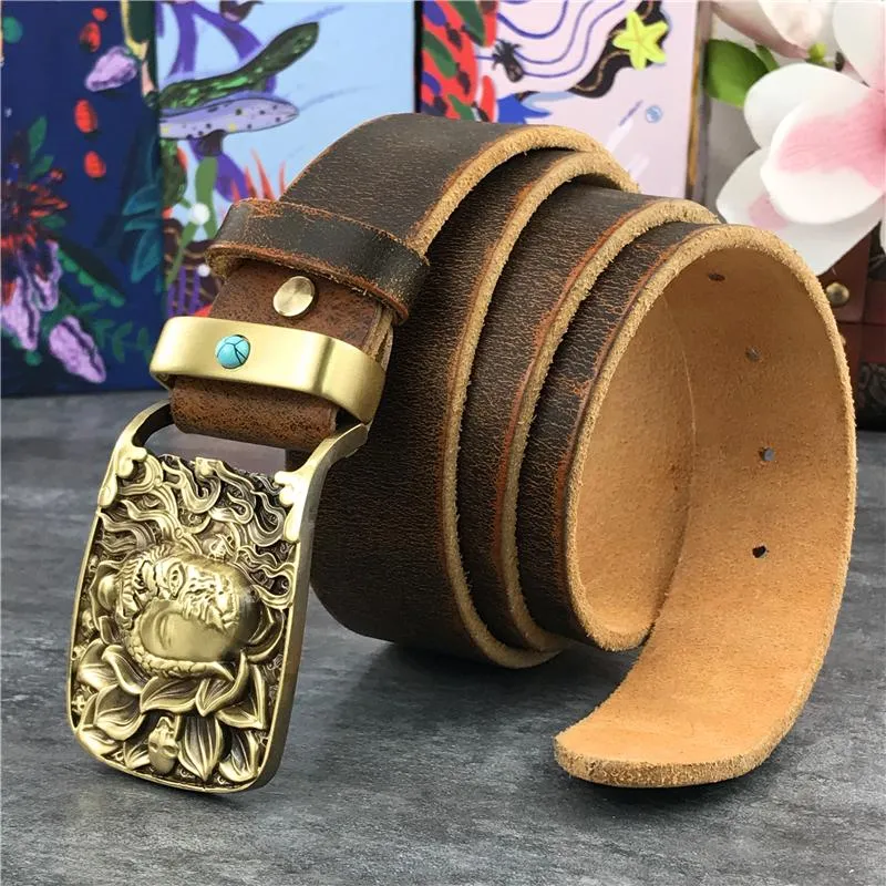 Belts Buddha Brass Belt Buckle Leather Men Ceinture Jeans Cowboy Man Genuine Riem Male Cinturon Waist MBT0073201v