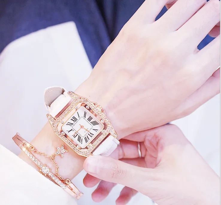 Kemanqi marka zegarek Square Diamond Bezel Skórzany zespół damski zegarki damskie w stylu swobodne panie ze obserwacją kwarcowych na rękę 225U