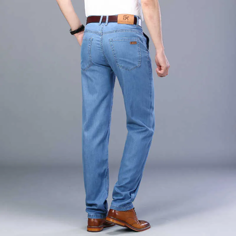 Primavera verão clássico marca negócio casual homens reta jeans jeans jeans de alta qualidade lyocell trecho leve 210716