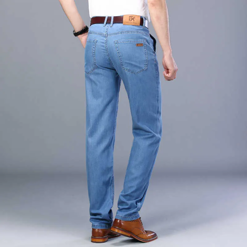 printemps été classique marque affaires décontracté hommes droite mince denim jeans de haute qualité Lyocell stretch léger 210716