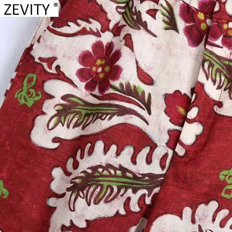 Kobiety Vintage Prasa Floral Print Casual Luźna Pościel Szeroki Nogi Spodnie Retro Kobiet Chic Zipper Fly Long Spodnie P1092 210420