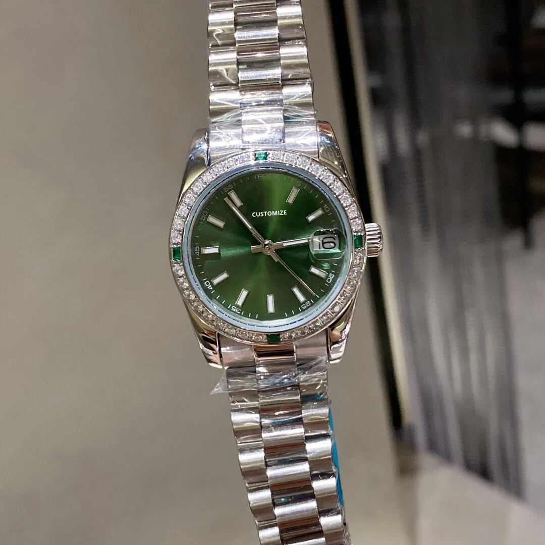 Reloj de pulsera de cuarzo de acero inoxidable de alta calidad para mujer, relojes con bisel de diamantes y gemas geométricas para mujer, esfera verde plateada de 31mm