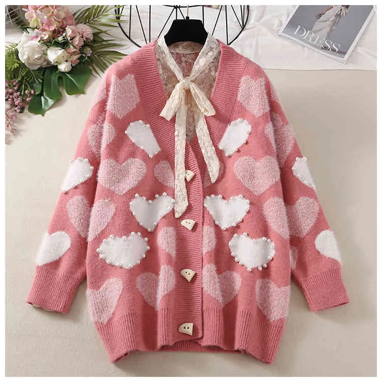 H.SA Kvinnor Casual Spring Jacket och Coats Button Up Perlas Beading Sweaters V Neck Sweet Heart Knit Cardigans Kvinna 210417