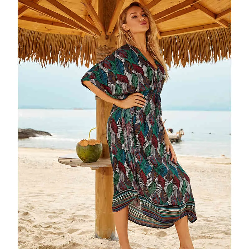 Beach Cover up Tunics for Print Chiffon Long Kaftan Bikini Robe de Plage Sarong Wrap Swimsuit cover Q1127 210420