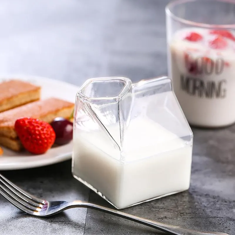 10 5x7x7cm Square Glass Milk Carton Cup Container Cream Bottle Mini Cartoon Drawing Water Ving Glasses2307