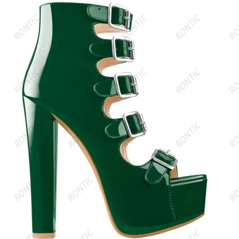 Rontic Elegante Mulheres Plataforma Outono Botas de Torno De Patente De Couro Pequeno Salto Redondo Toe Sapatos De Partido Preto Sapatos US tamanho 5-20