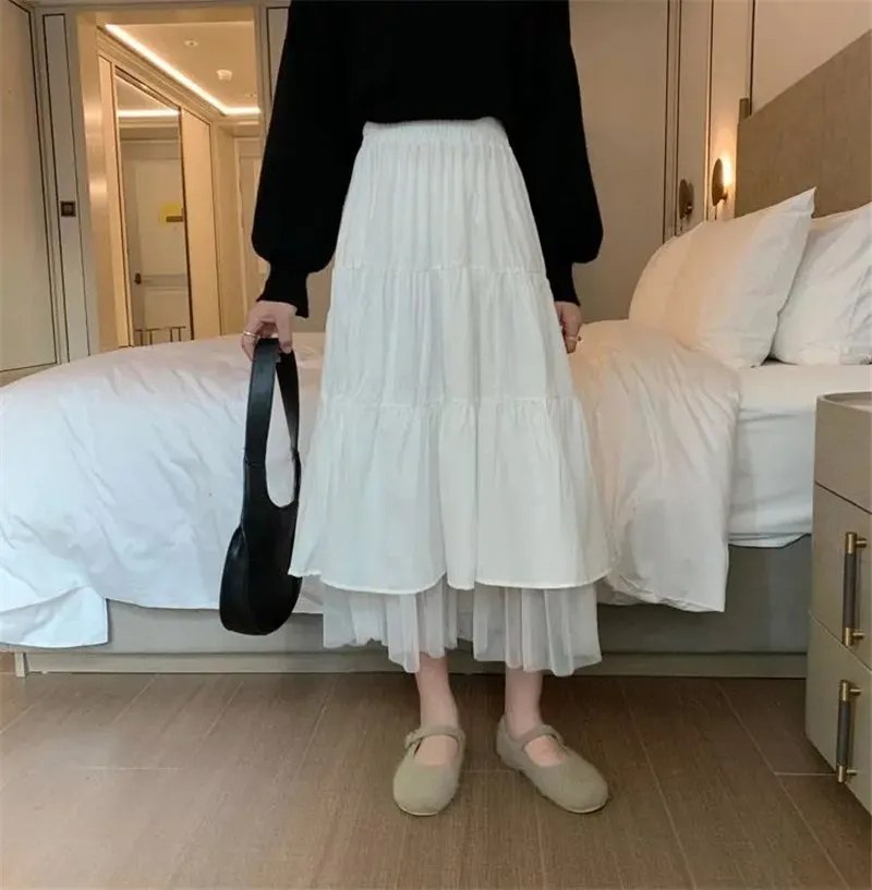 Jupes longues à taille haute pour femmes Midi plissée Mode Harajuku Style coréen Blanc Noir School Girl Maxi 210421