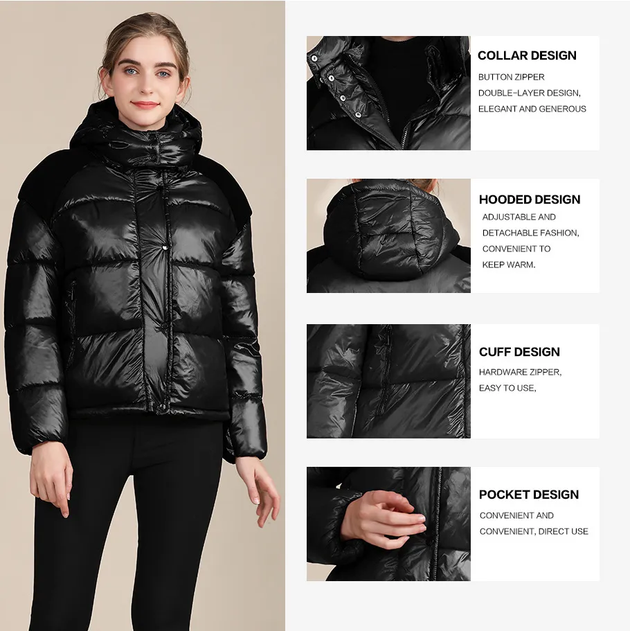 Women Parkas Shiny Cotton Jacket Women's Coat Color-blocking Hooded Loose Bread Winter Jacket Plus Size Winter Coat 210422