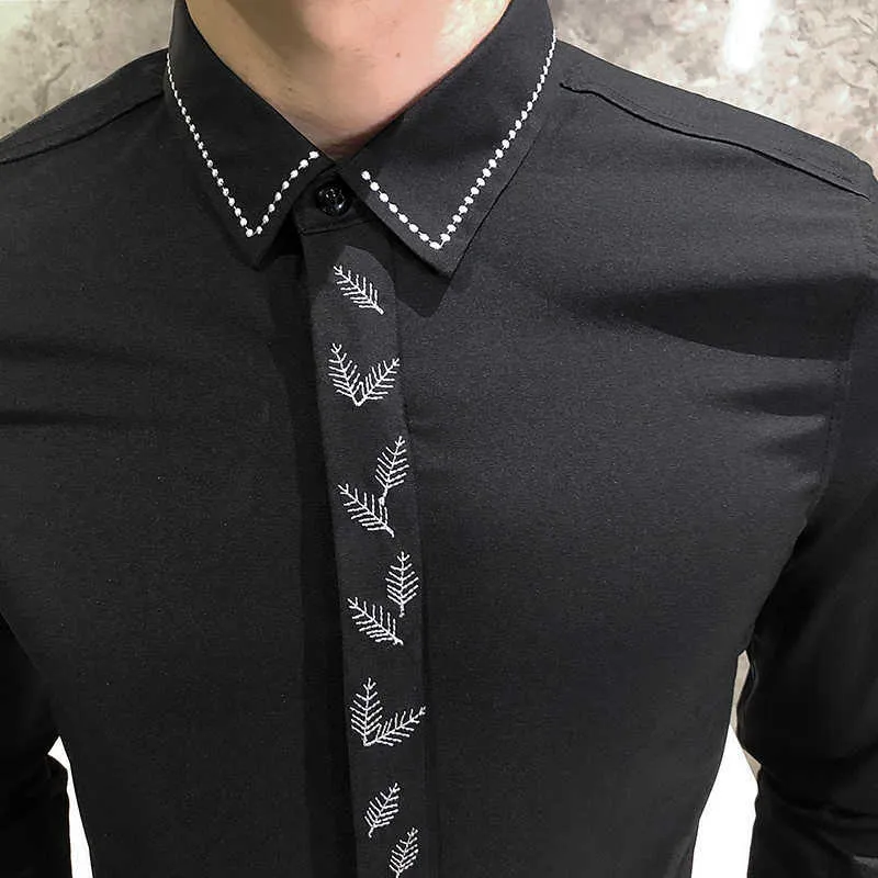 Embroidered Leaves Men Shirts Long Sleeve Casual Black White Shirt Slim Fit Formal Dress Blouse Streetwear Camisas Para Hombre 210527