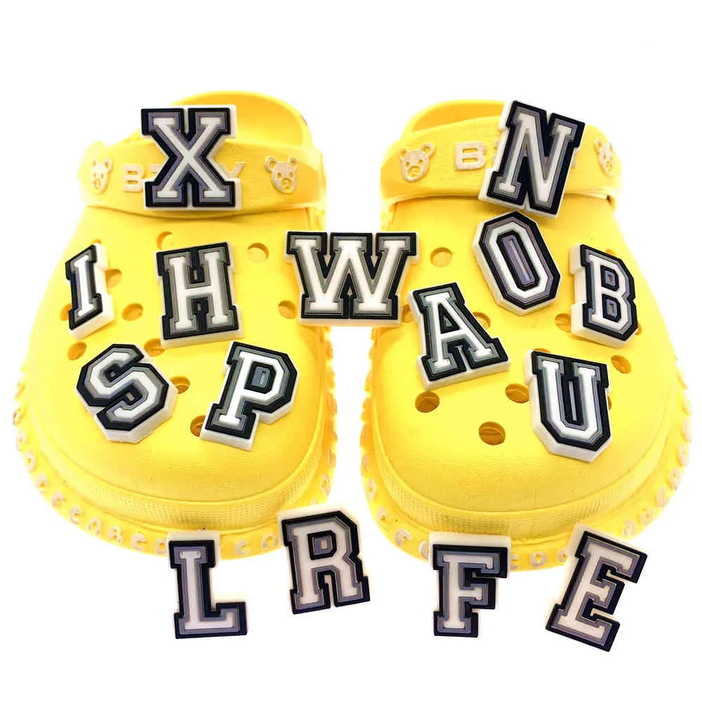 ing Schwarz Weiß Brief Icon Schuhe Charms Silikon Dekoration Für Croc Schnalle Alphabet Zubehör Kinder Geschenke