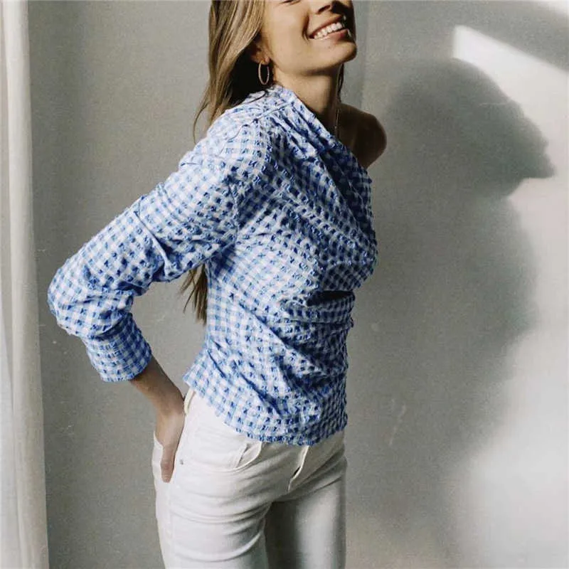 PUWD Femme élégante Bleu Plaid Chemises à une épaule 2021 Printemps Mode Femme Irrégulière Collier Tops Dames Streetwear Top X0628