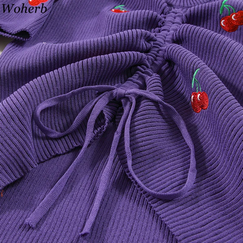 Femmes T-shirts cordon tricot hauts cerise imprimé col en v à manches courtes extensible t-shirt coréen été Blusa 210519