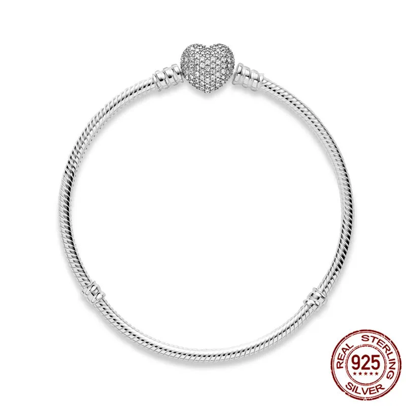 Romantic 925 Sterling Silver Sparkling Heart Clasp Snake Chain Bracelet Women For Original Brand DIY Charm Beads Jewelry