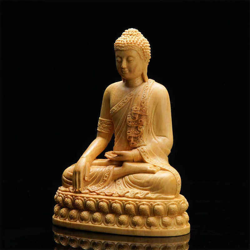 Tempio religioso Tailandese Statua di Buddha Scultura in legno Cinese Intaglio del legno di bosso Forniture di preghiera Decorazione domestica 211108