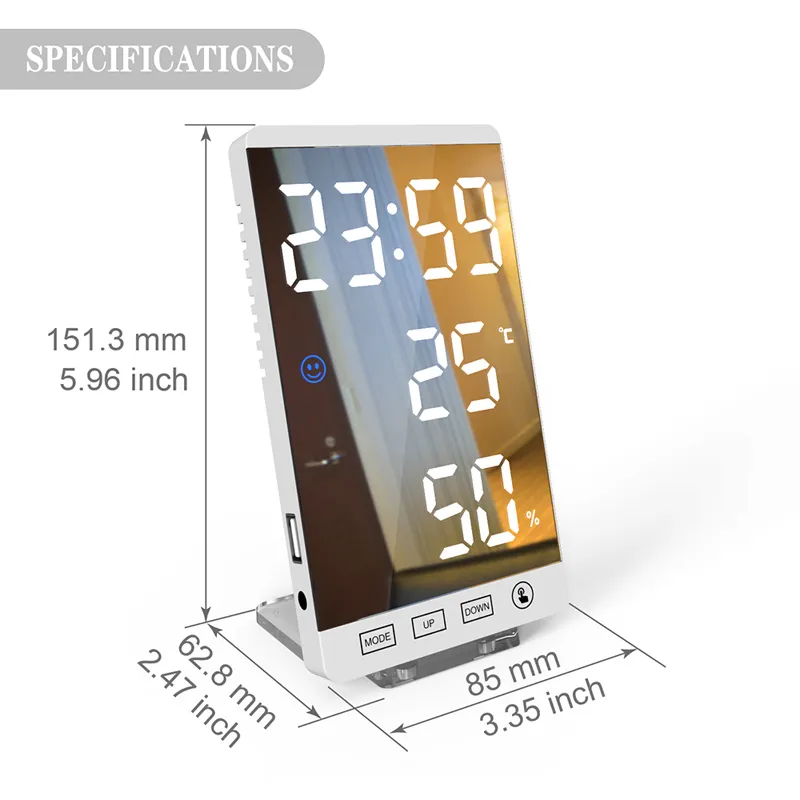 6インチLEDミラー目覚まし時計タッチボタン壁デジタルクロック時間温度湿度ディスプレイUSB出力ポートテーブルClock9613704